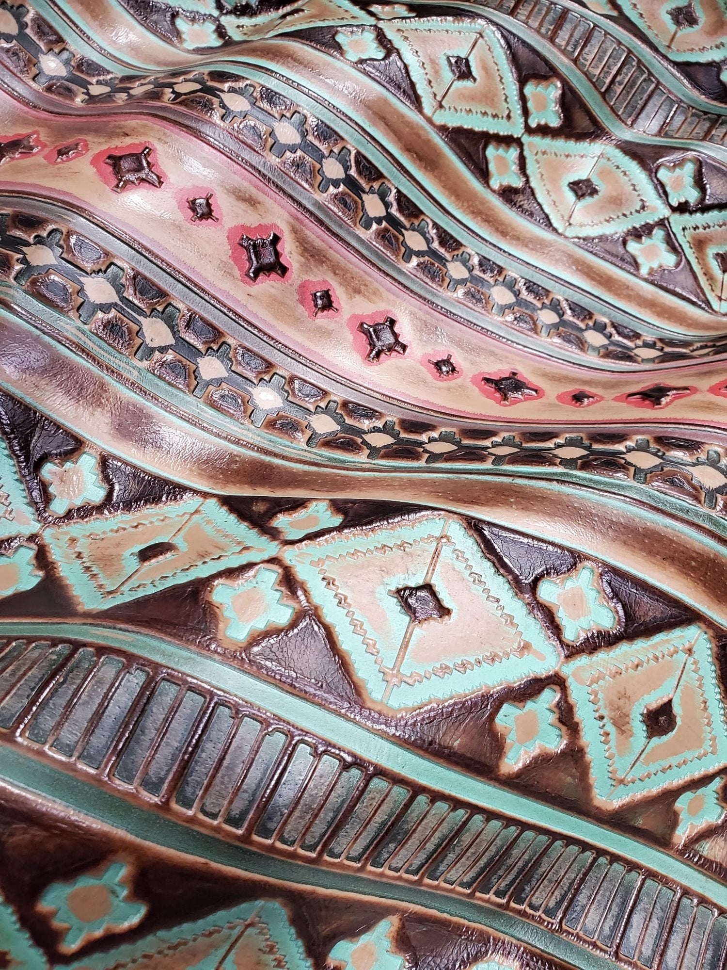 Navajo Embossed Leather Hat Band with Turquoise Slab