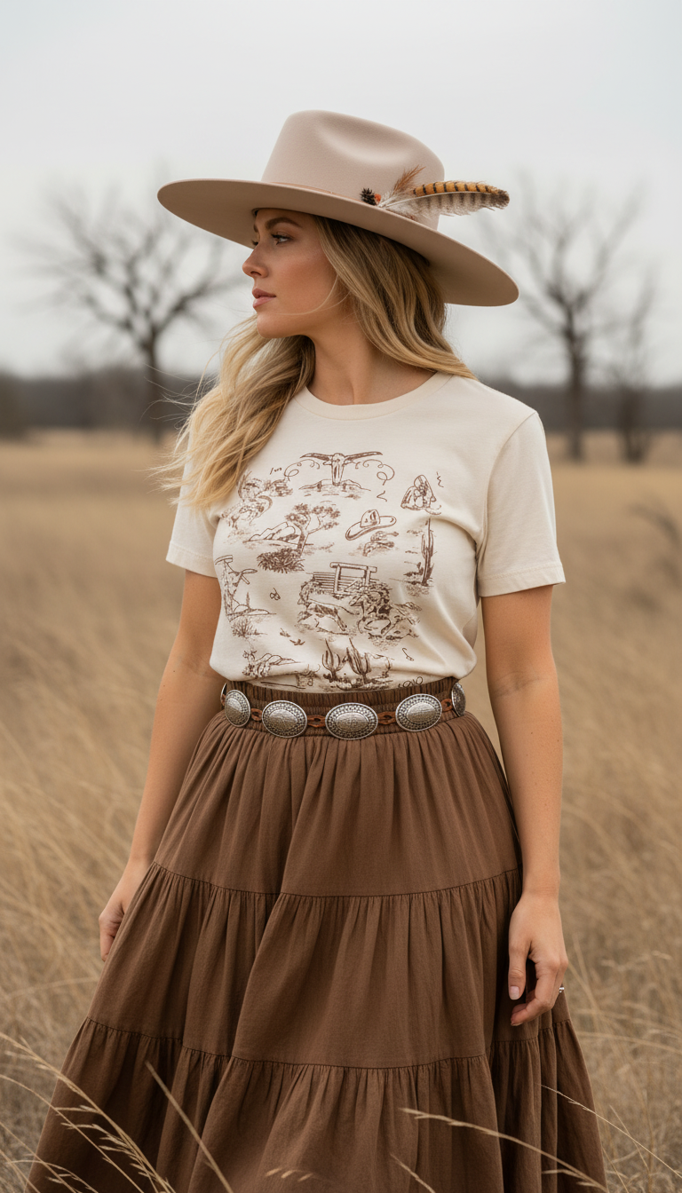 Western toile graphic tee in brown on natural