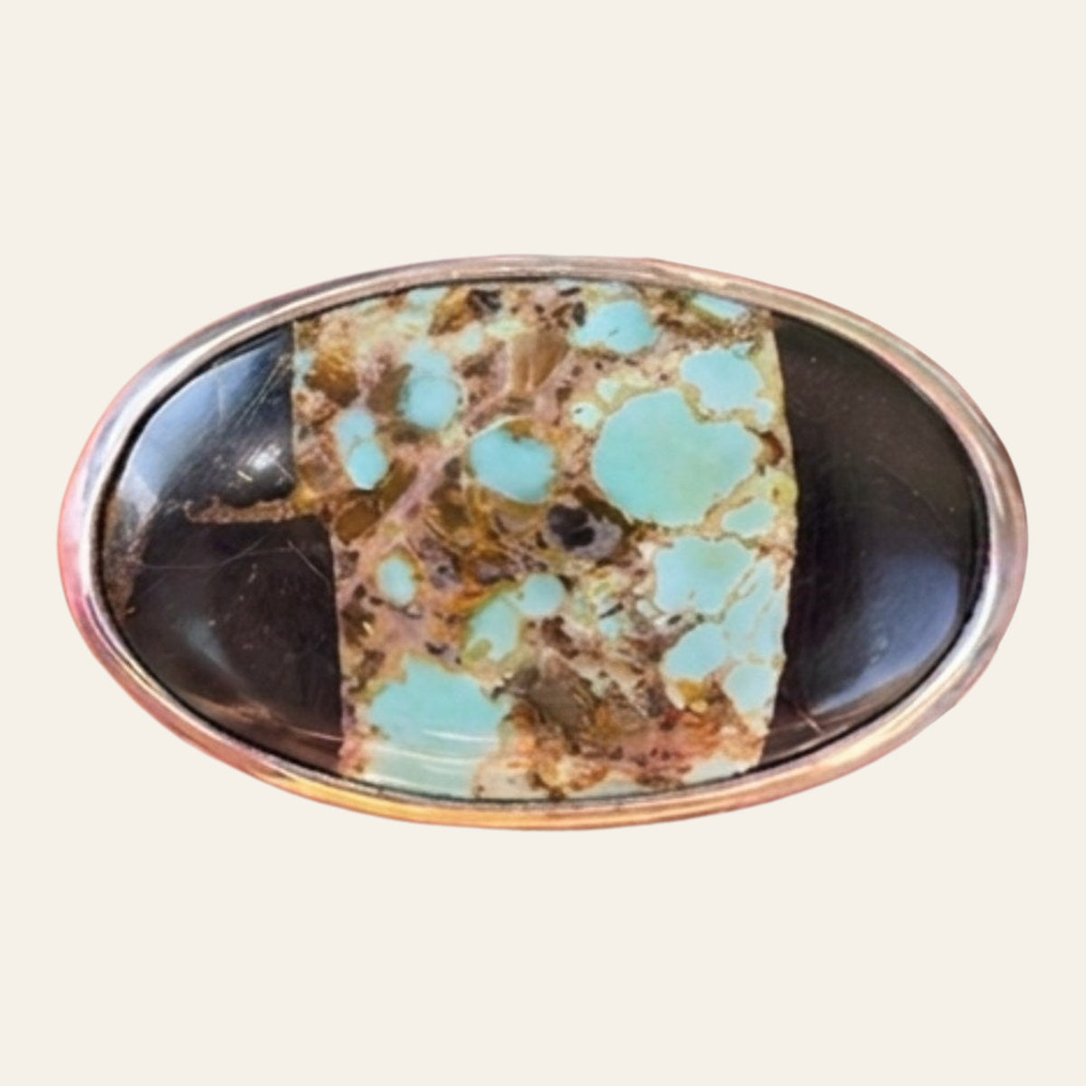 Black Jack Turquoise Ring in Sterling Silver, Size 7.75, shown on a cream background