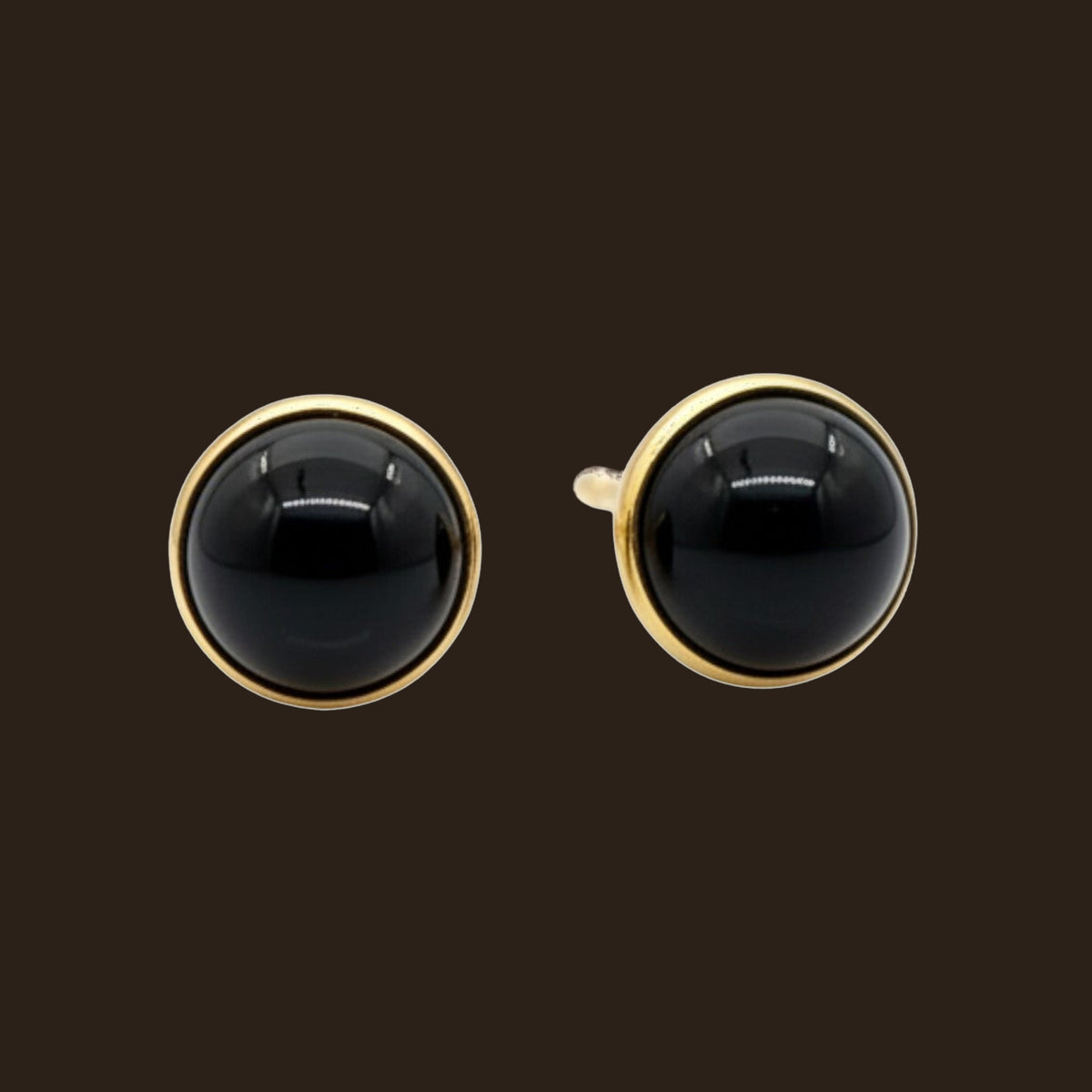 Black Onyx Round Mini Stud Earrings in Solid 14K Gold, shown on an espresso background