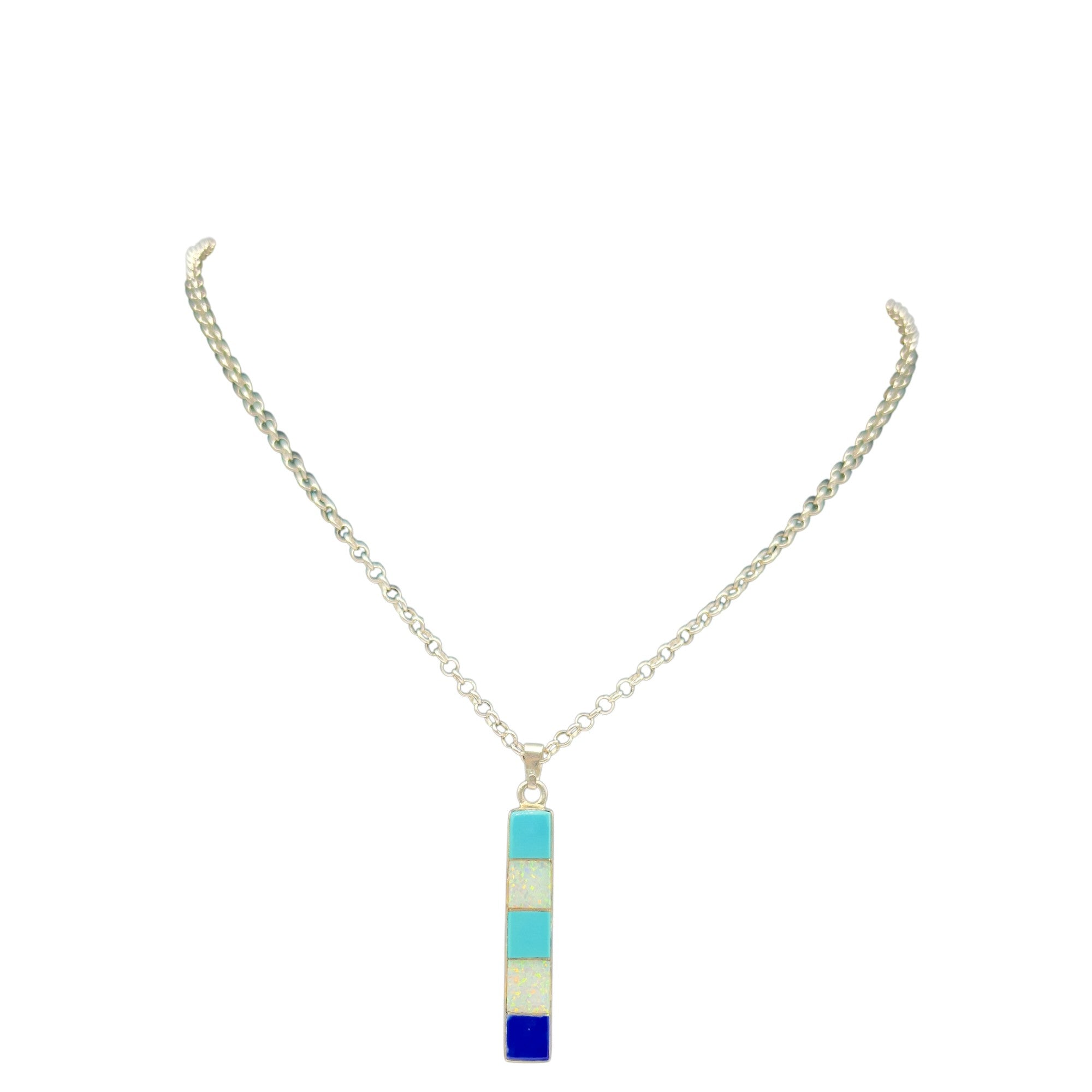 Bluefire Cascade, Turquoise, Opal & Lapis Necklace, Sterling Silver, by Rick Tolino, detail view