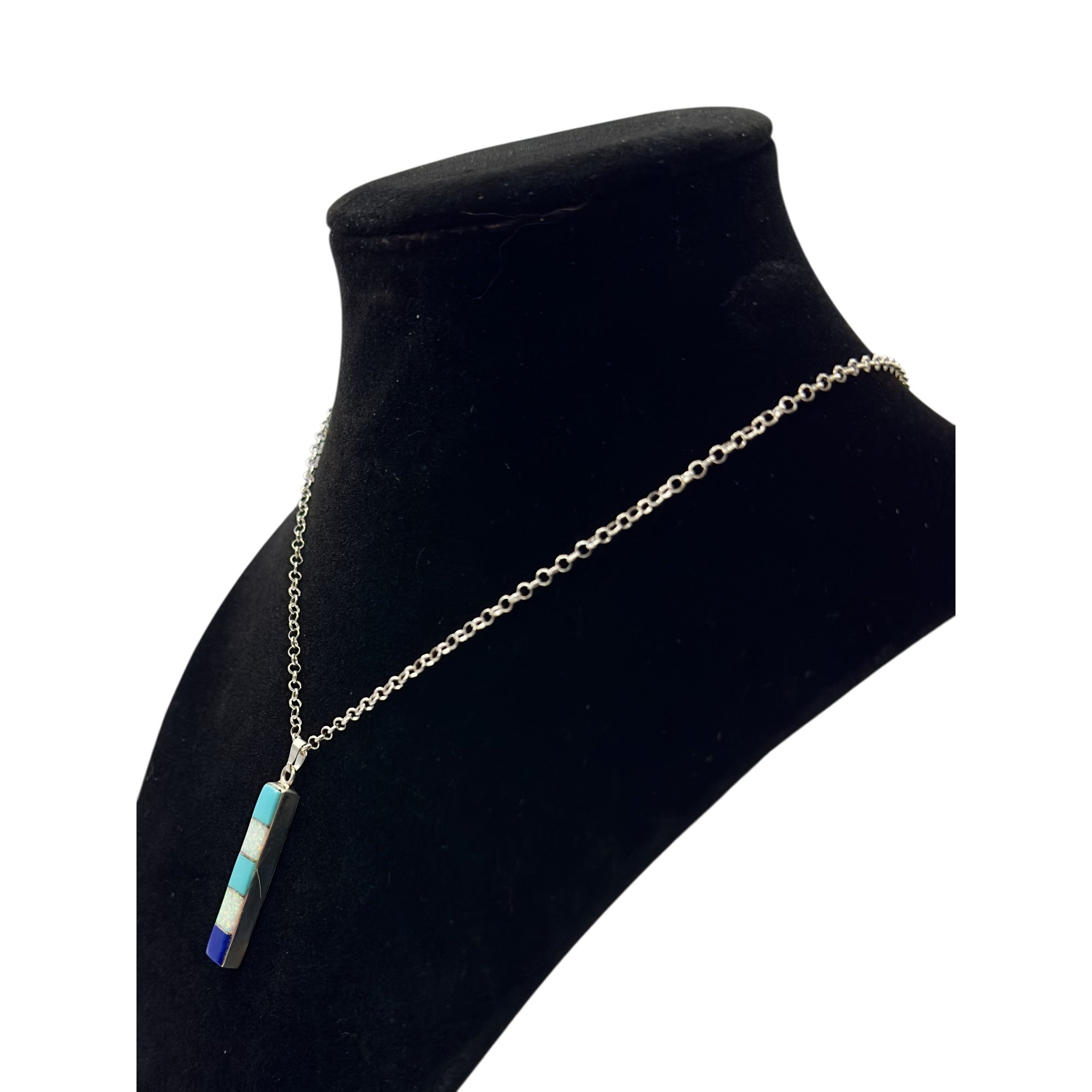 Bluefire Cascade, Turquoise, Opal & Lapis Necklace, Sterling Silver, by Rick Tolino, side angle