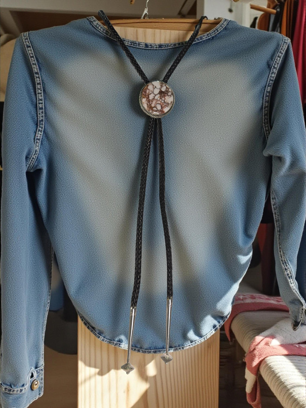 Trail Rider, Wild Horse Bolo Tie, Navajo Sterling, by P Yazzie, second on-model view