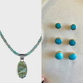 Green turquoise pendant and turquoise stud earrings set, shown side by side