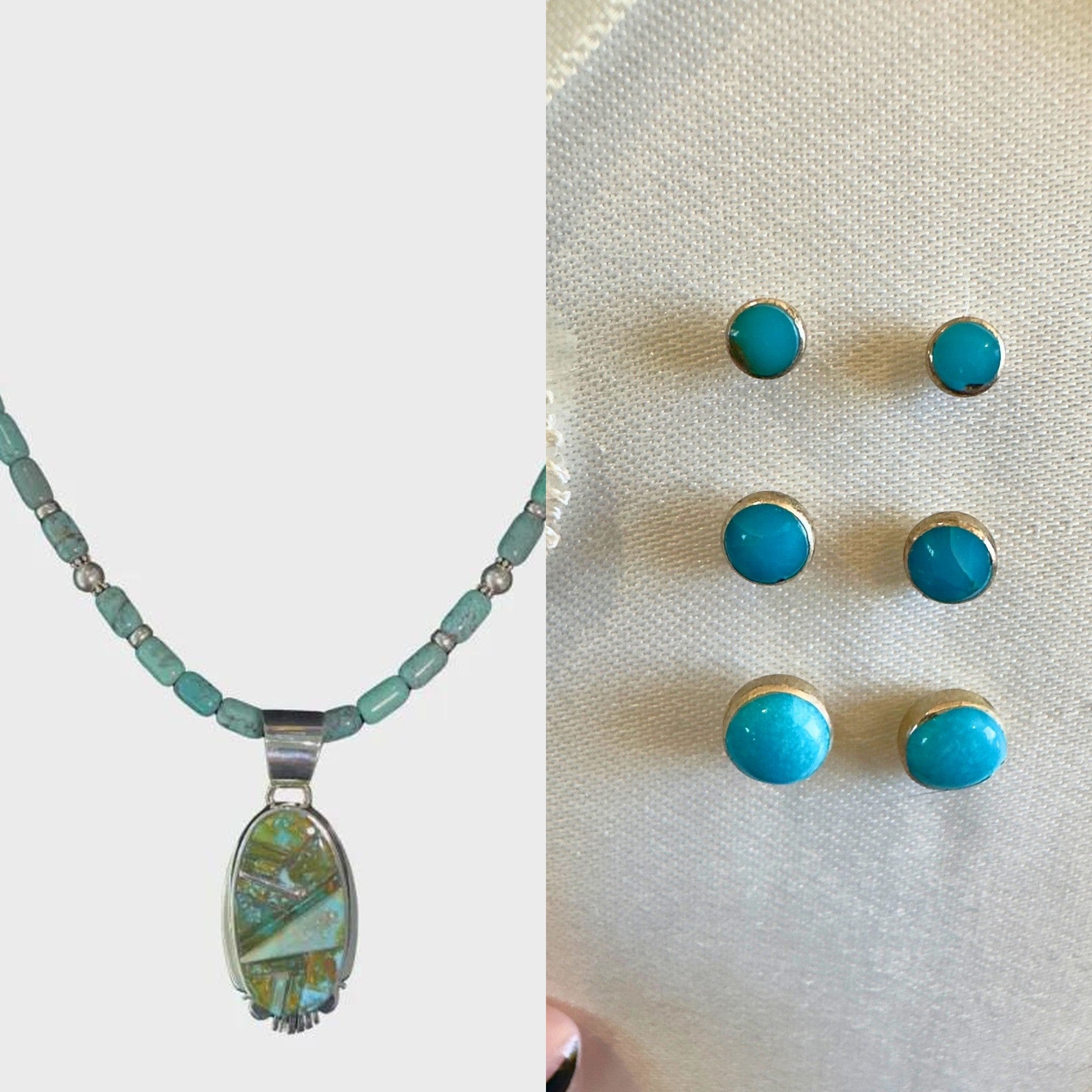 Green turquoise pendant and turquoise stud earrings set, shown side by side