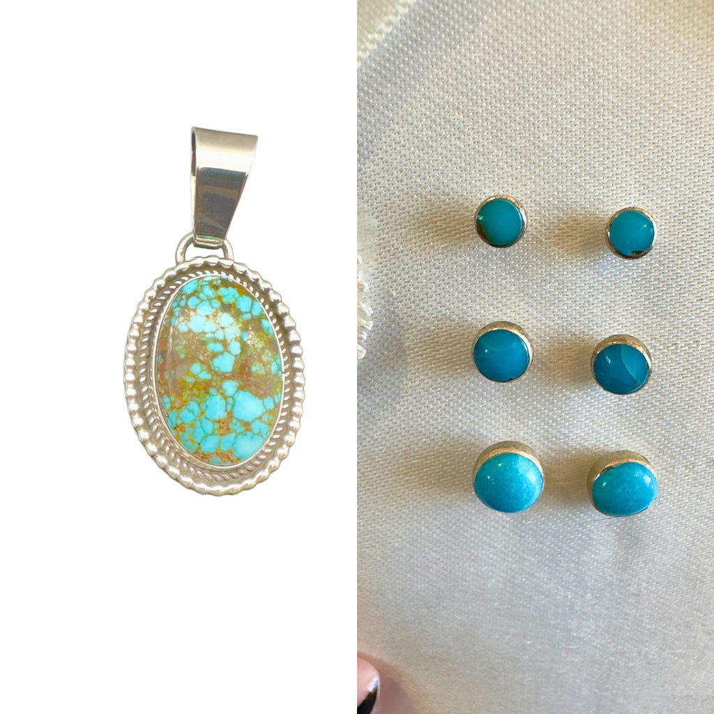 Kingman red web turquoise pendant and turquoise stud earrings set, shown side by side