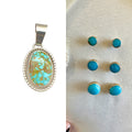 Kingman red web turquoise pendant and turquoise stud earrings set, shown side by side