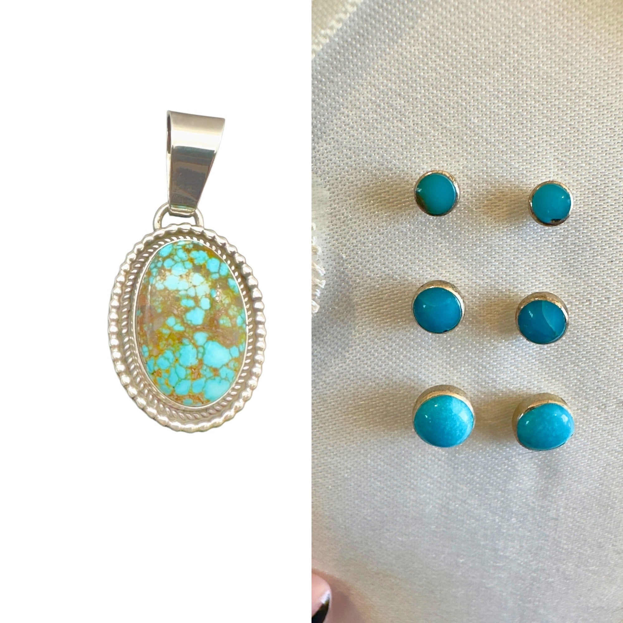 Kingman red web turquoise pendant and turquoise stud earrings set, shown side by side