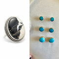 White Buffalo statement ring and turquoise stud earrings set, shown side by side