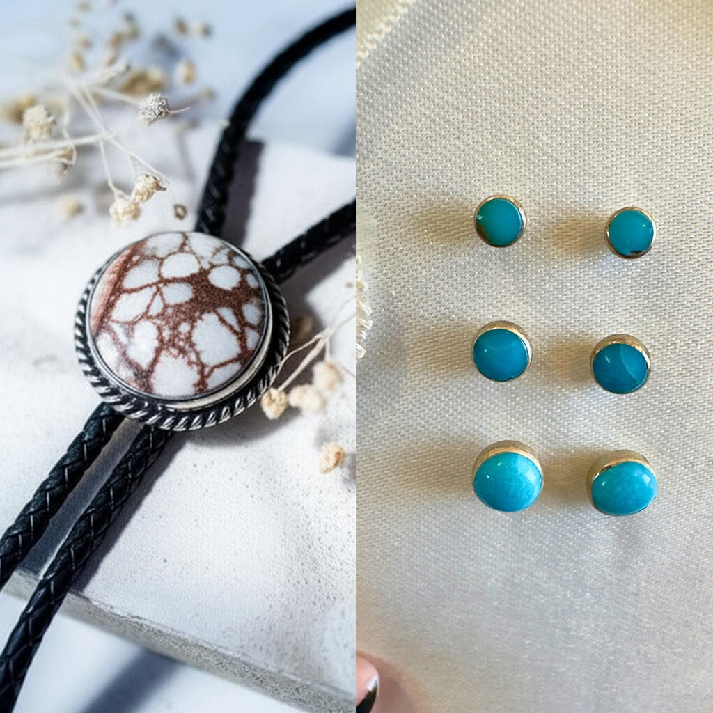 Wild Horse bolo tie and turquoise stud earrings set, shown side by side