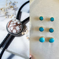 Wild Horse bolo tie and turquoise stud earrings set, shown side by side