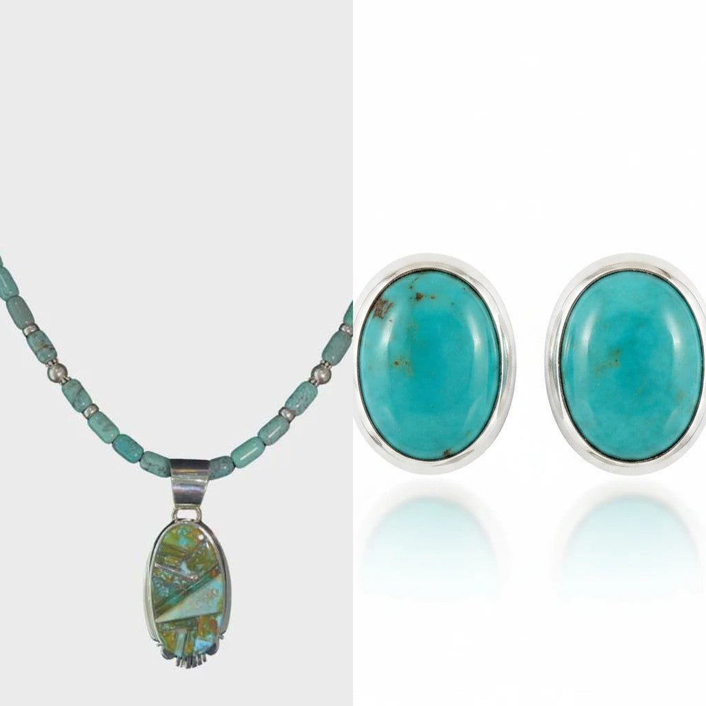 Green turquoise pendant and oval turquoise stud earrings set, shown side by side