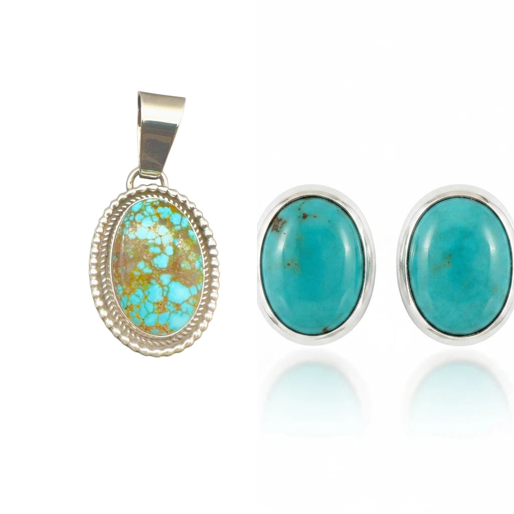 Kingman red web turquoise pendant and oval turquoise stud earrings set, shown side by side