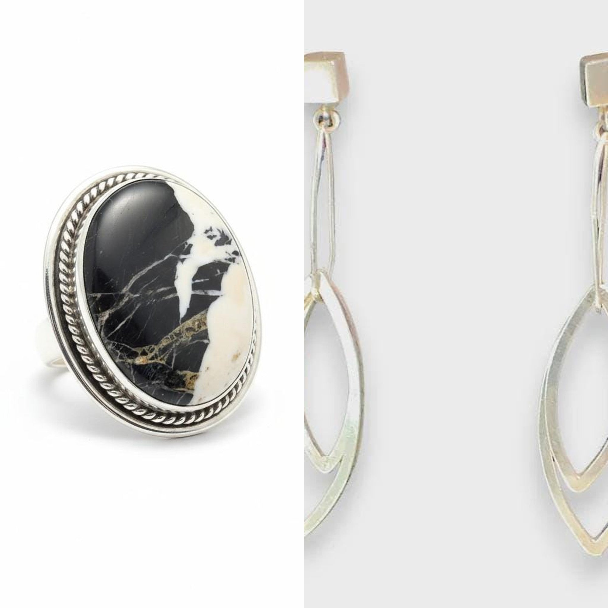 White Buffalo statement ring and sterling silver leaf dangle earrings set, shown side by side