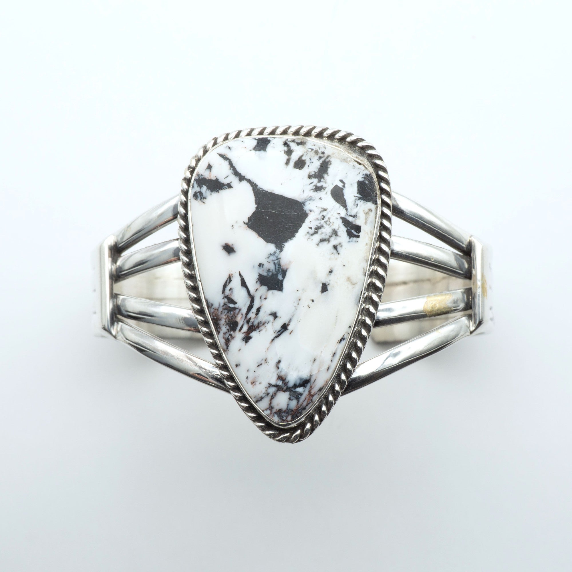 Ghost Mesa Shield, White Buffalo Cuff Bracelet, Navajo Sterling, by P Yazzie, detail view