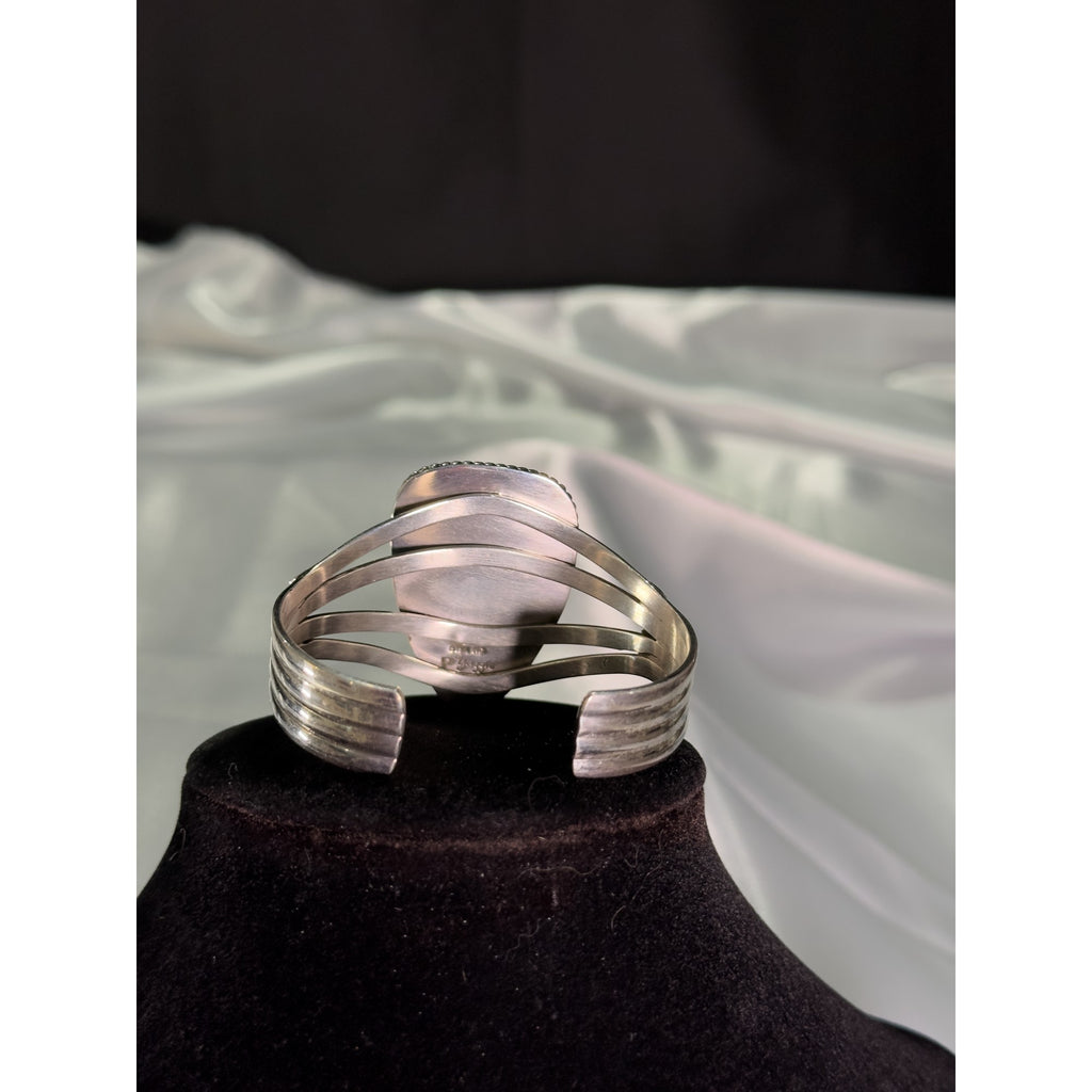 Ghost Mesa Shield, White Buffalo Cuff Bracelet, Navajo Sterling, by P Yazzie, on model