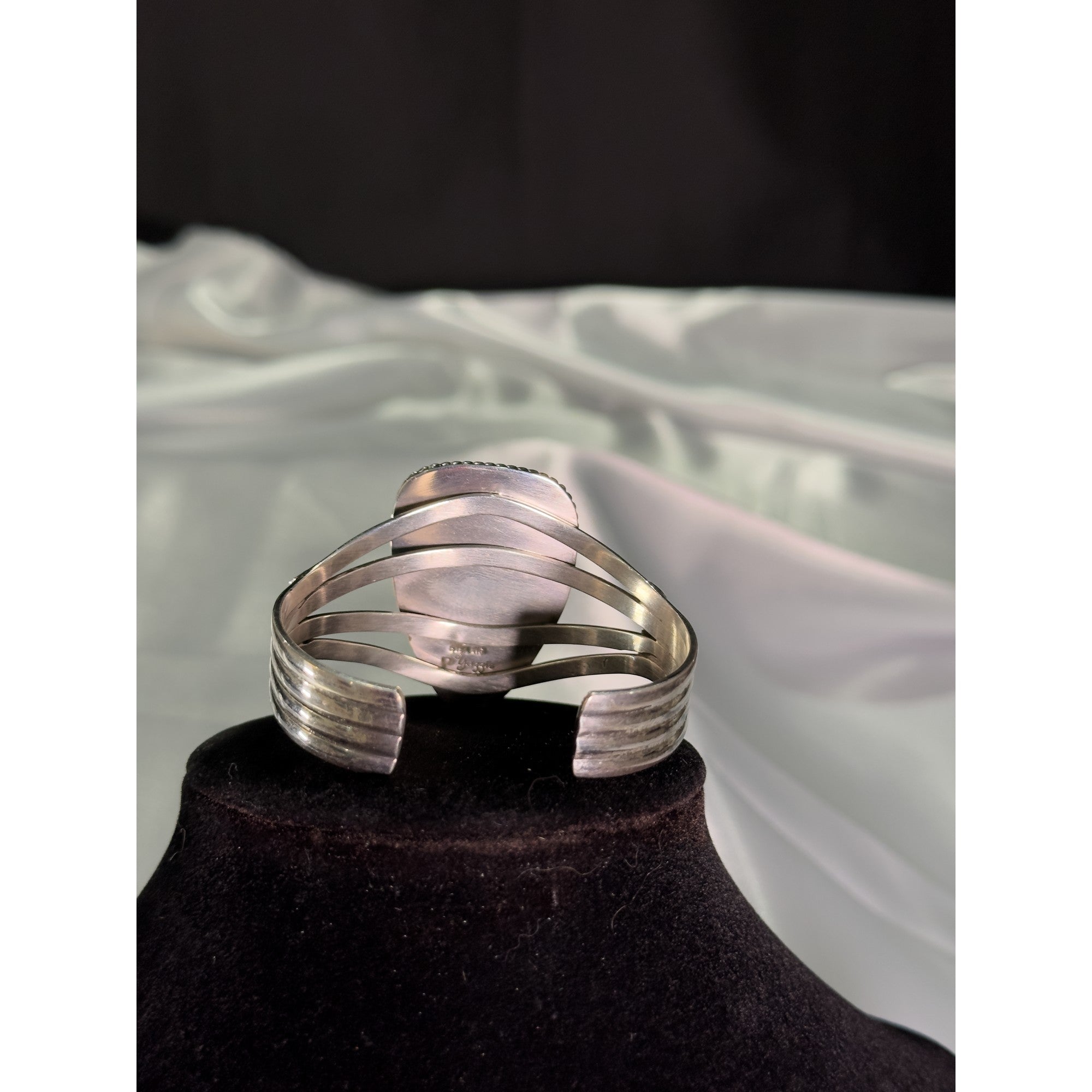 Ghost Mesa Shield, White Buffalo Cuff Bracelet, Navajo Sterling, by P Yazzie, on model