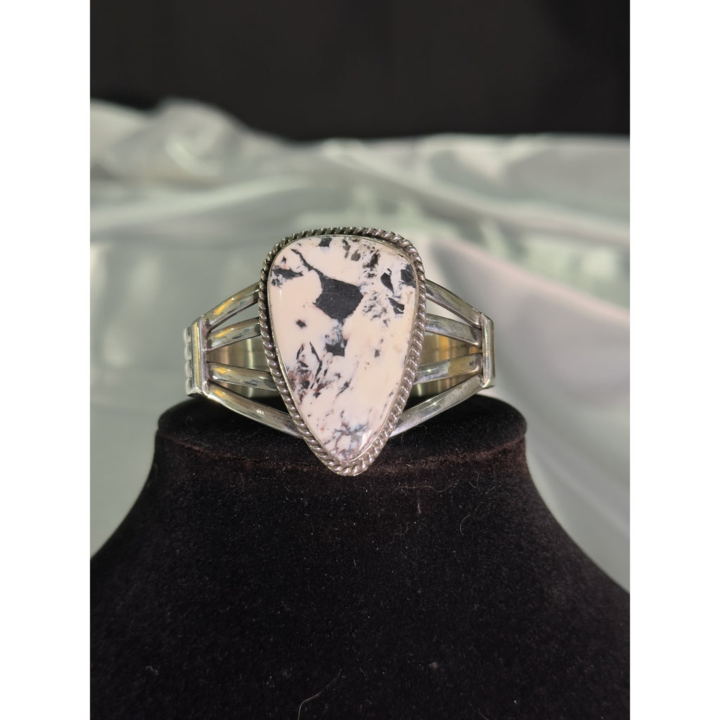 Ghost Mesa Shield, White Buffalo Cuff Bracelet, Navajo Sterling, by P Yazzie, side angle