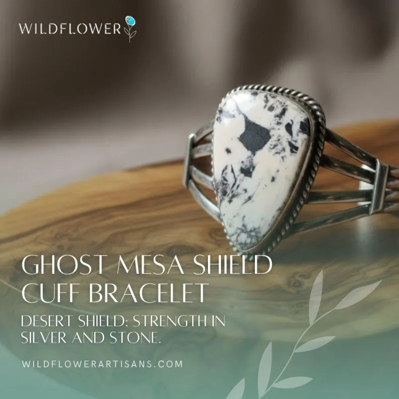 Ghost Mesa Shield, White Buffalo Cuff Bracelet, Navajo Sterling, by P Yazzie