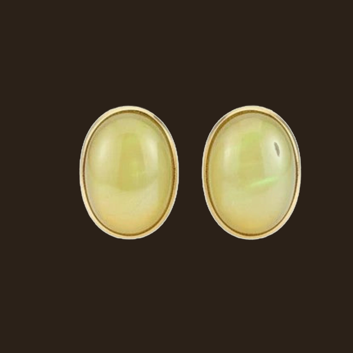 Golden Opal Stud Earrings in Solid 14K Gold, shown on an espresso background