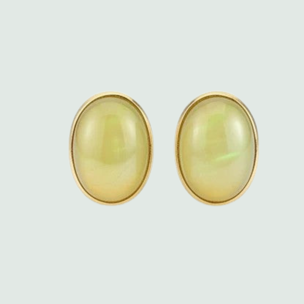 Golden Opal Stud Earrings in Solid 14K Gold, shown on a sage mist background