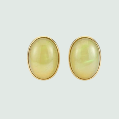 Golden Opal Stud Earrings in Solid 14K Gold, shown on a sage mist background