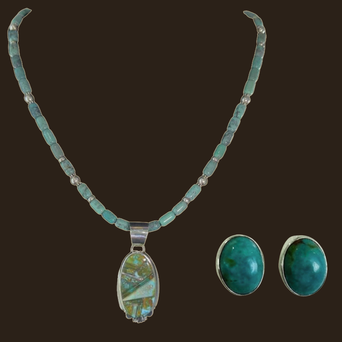 Green Turquoise Pendant and Oval Stud Earrings in Sterling Silver (SET), shown on an espresso background