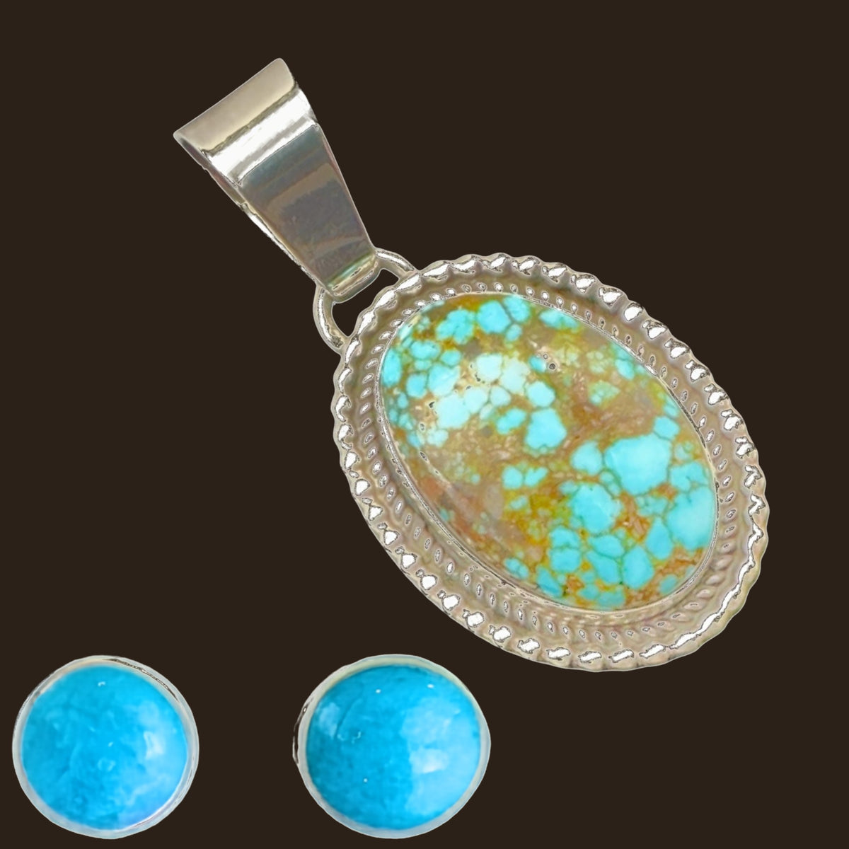 Kingman Red Web Turquoise Pendant and Stud Earrings Set in Sterling Silver, shown on an espresso background