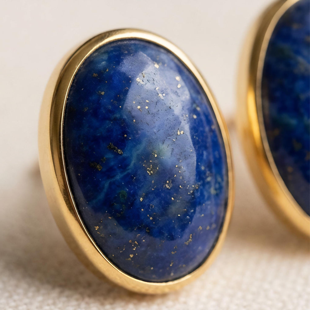 Lapis Lazuli Oval Stud Earrings, 24K Gold Bezel, artisan craftsmanship