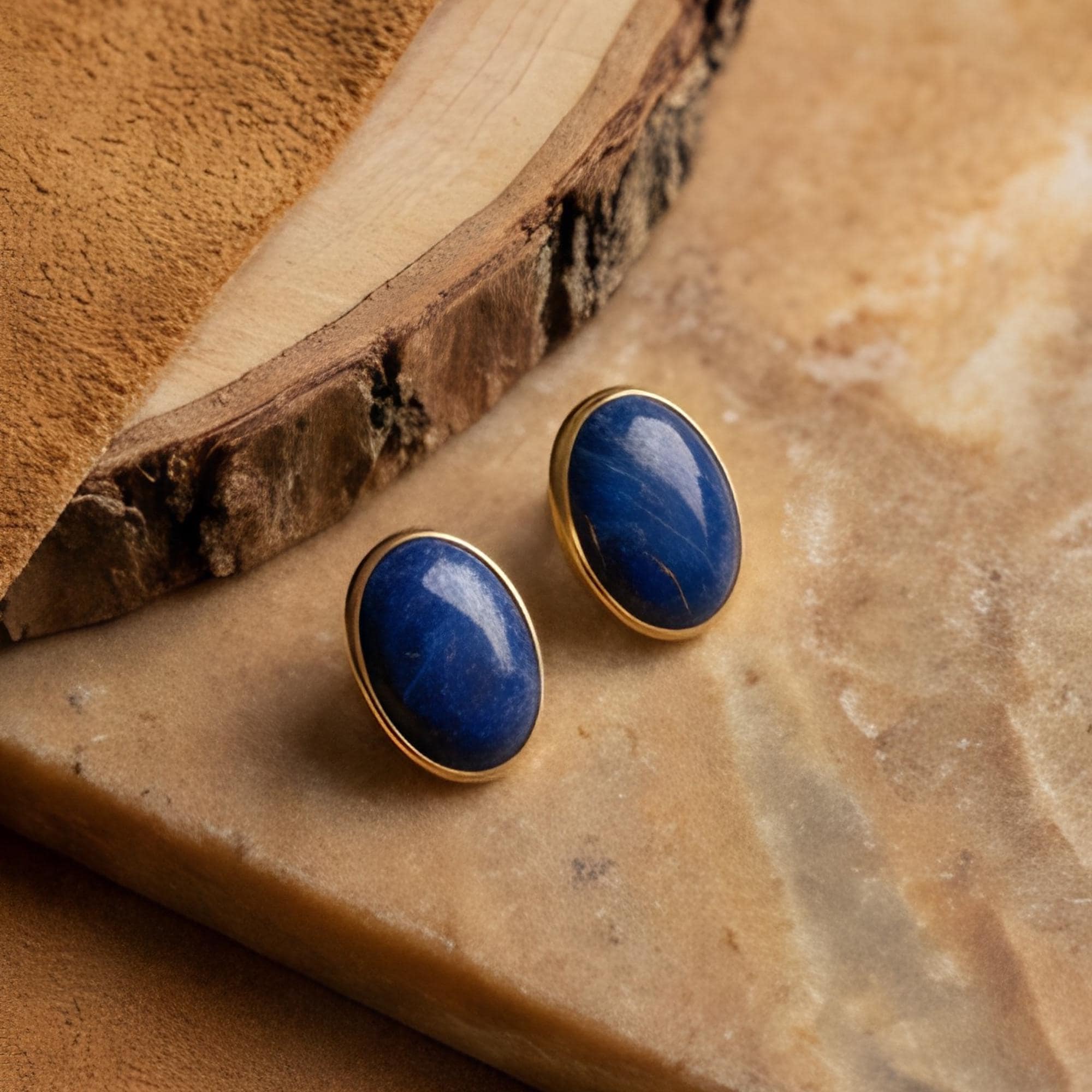 Lapis Lazuli Oval Stud Earrings, 24K Gold Bezel, back view