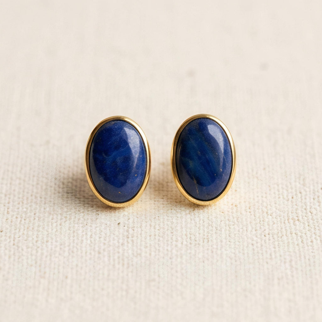 Lapis Lazuli Oval Stud Earrings, 24K Gold Bezel, on model