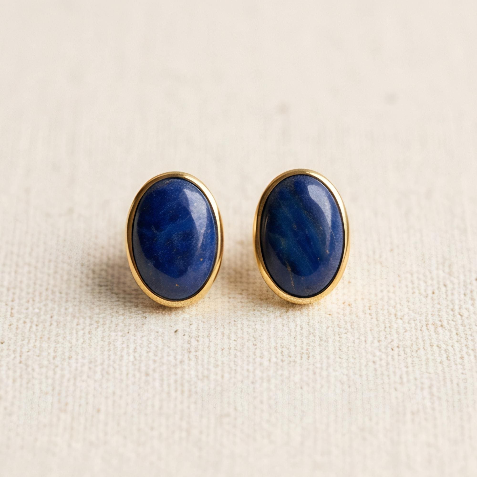 Lapis Lazuli Oval Stud Earrings, 24K Gold Bezel, on model