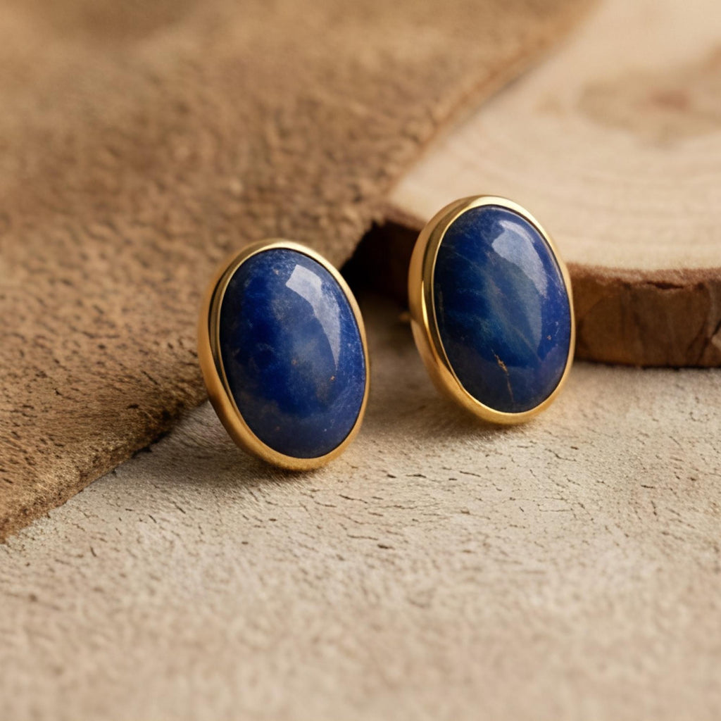 Lapis Lazuli Oval Stud Earrings, 24K Gold Bezel, scale reference