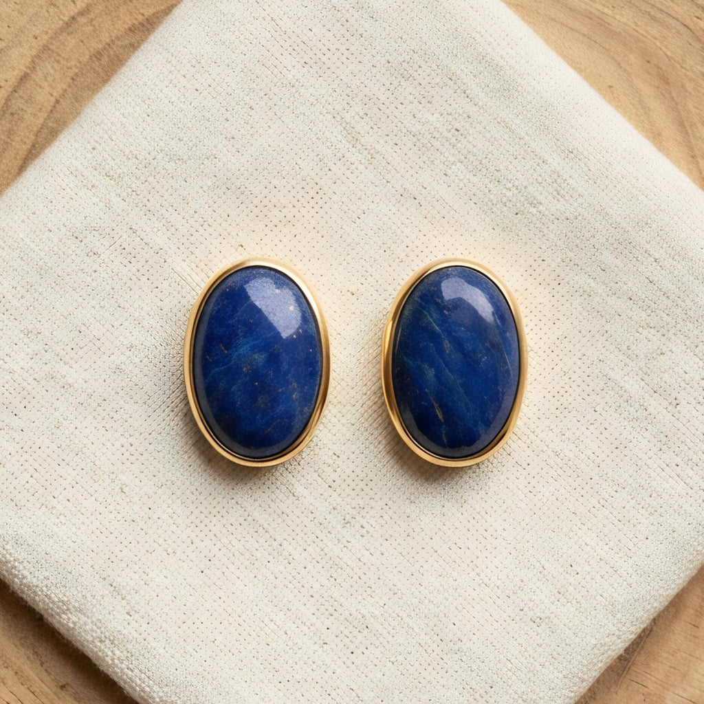 Lapis Lazuli Oval Stud Earrings, 24K Gold Bezel, stone close-up