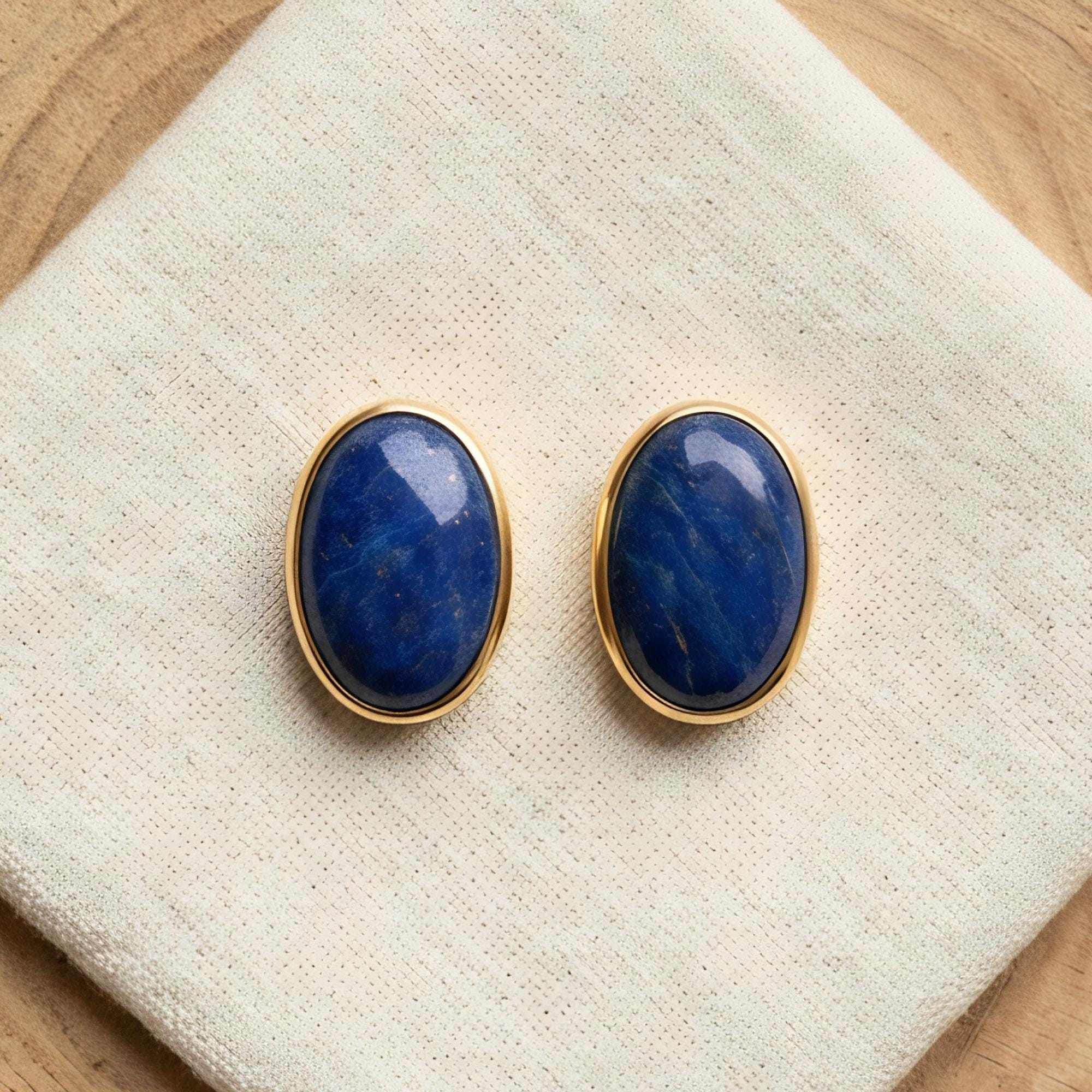 Lapis Lazuli Oval Stud Earrings, 24K Gold Bezel, stone close-up