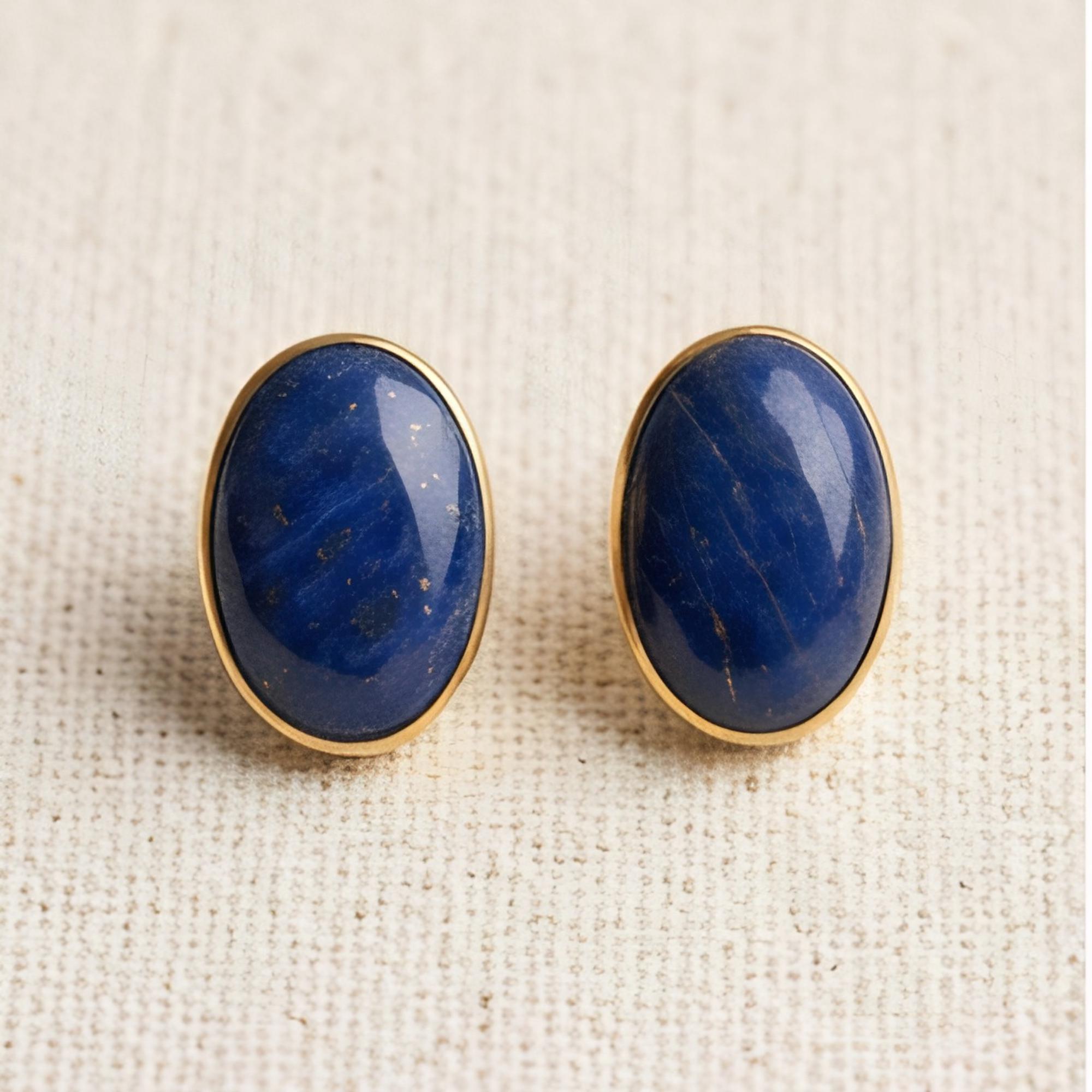 Lapis Lazuli Oval Stud Earrings, 24K Gold Bezel