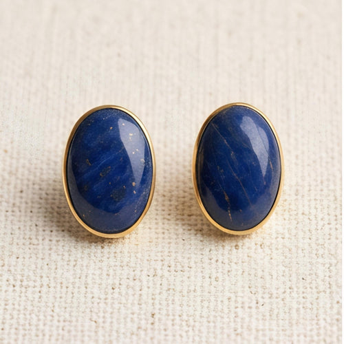 Lapis Lazuli Oval Stud Earrings, 24K Gold Bezel