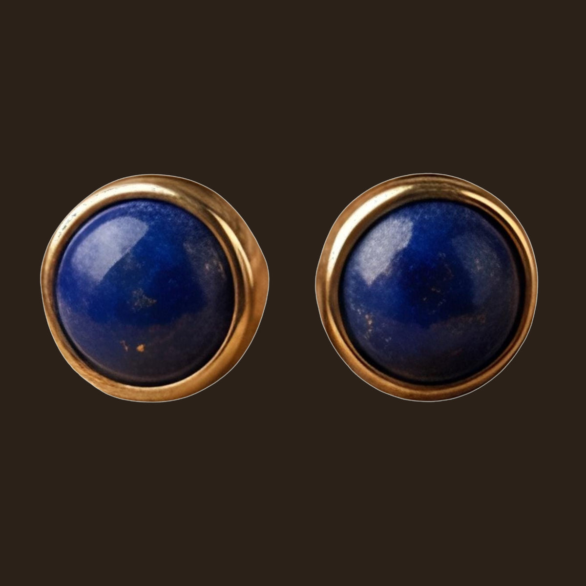 Lapis Lazuli Round Mini Stud Earrings in Sterling Silver or 14K Gold, shown on an espresso background