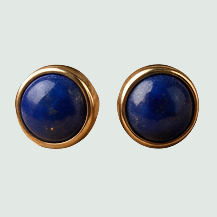 Lapis Lazuli Round Mini Stud Earrings in Sterling Silver or 14K Gold, shown on a sage mist background