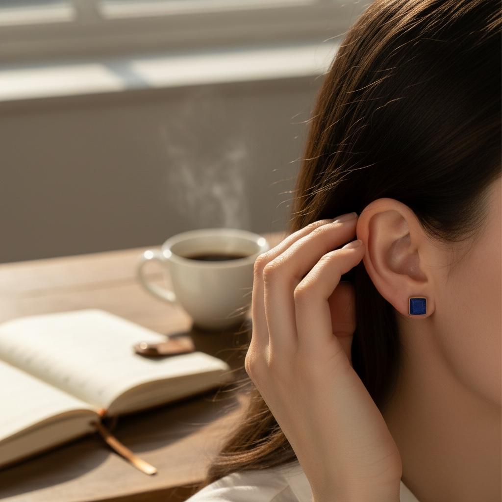 Lapis Lazuli Square Stud Earrings, 24K Gold Bezel, back view