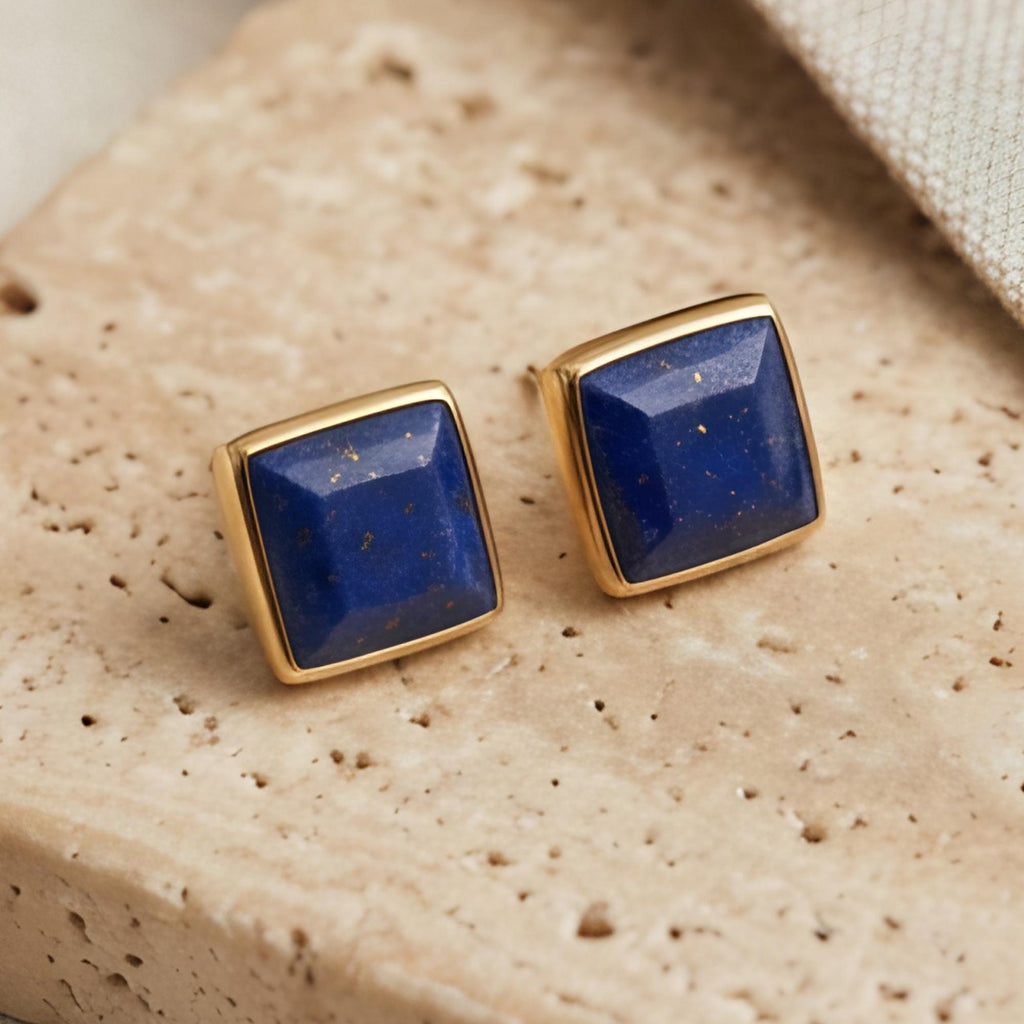 Lapis Lazuli Square Stud Earrings, 24K Gold Bezel, on model