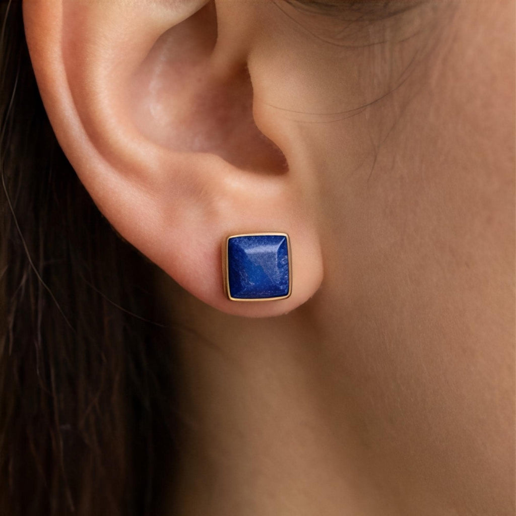 Lapis Lazuli Square Stud Earrings, 24K Gold Bezel, scale reference