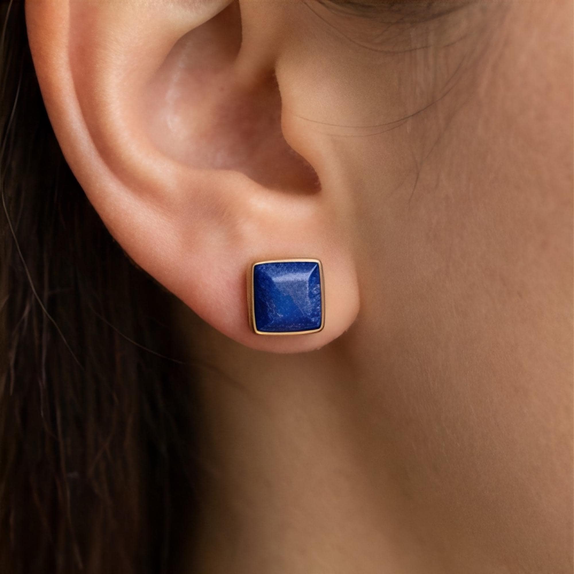 Lapis Lazuli Square Stud Earrings, 24K Gold Bezel, scale reference