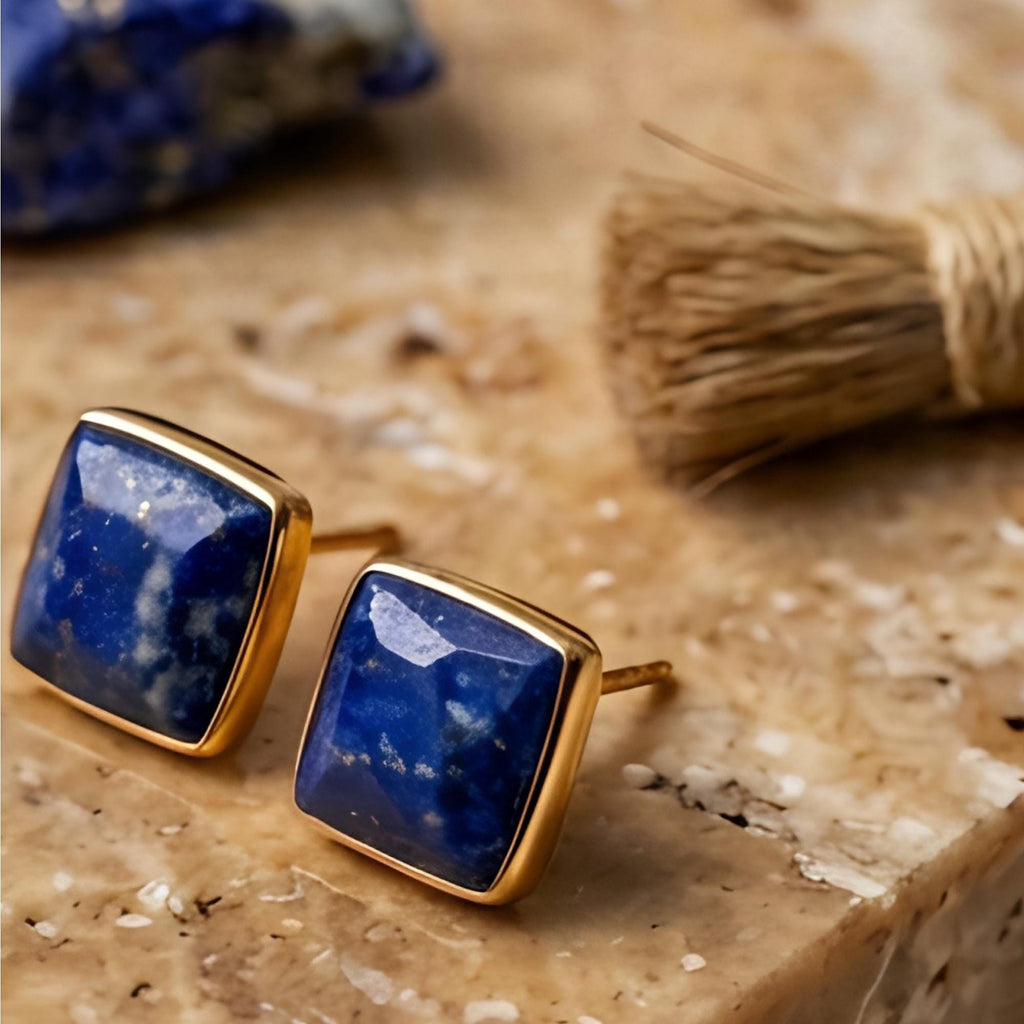 Lapis Lazuli Square Stud Earrings, 24K Gold Bezel, stone close-up