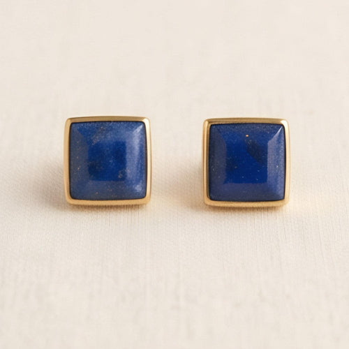 Lapis Lazuli Square Stud Earrings, 24K Gold Bezel