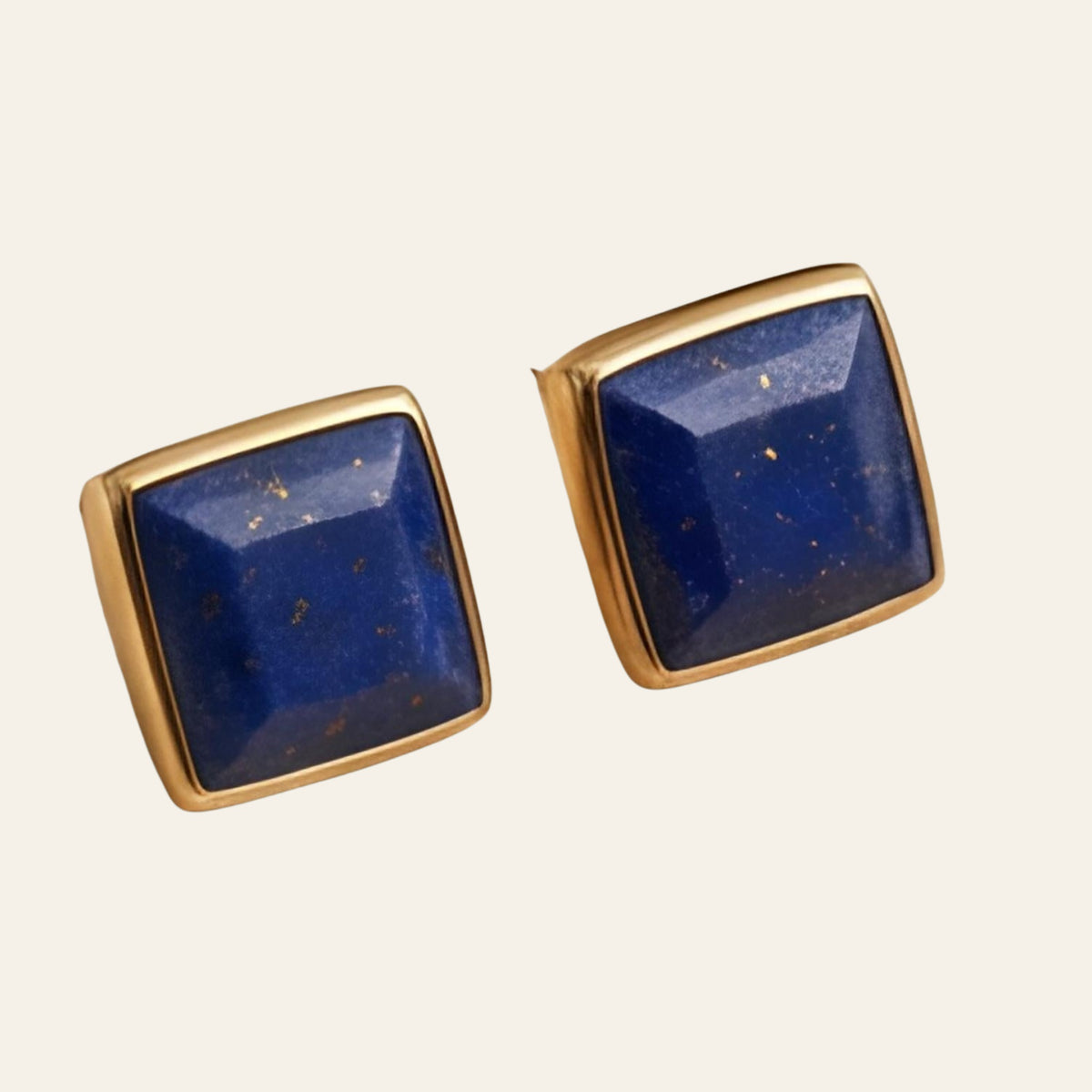 Lapis Lazuli Square Stud Earrings in Solid 14K Gold, shown on a cream background