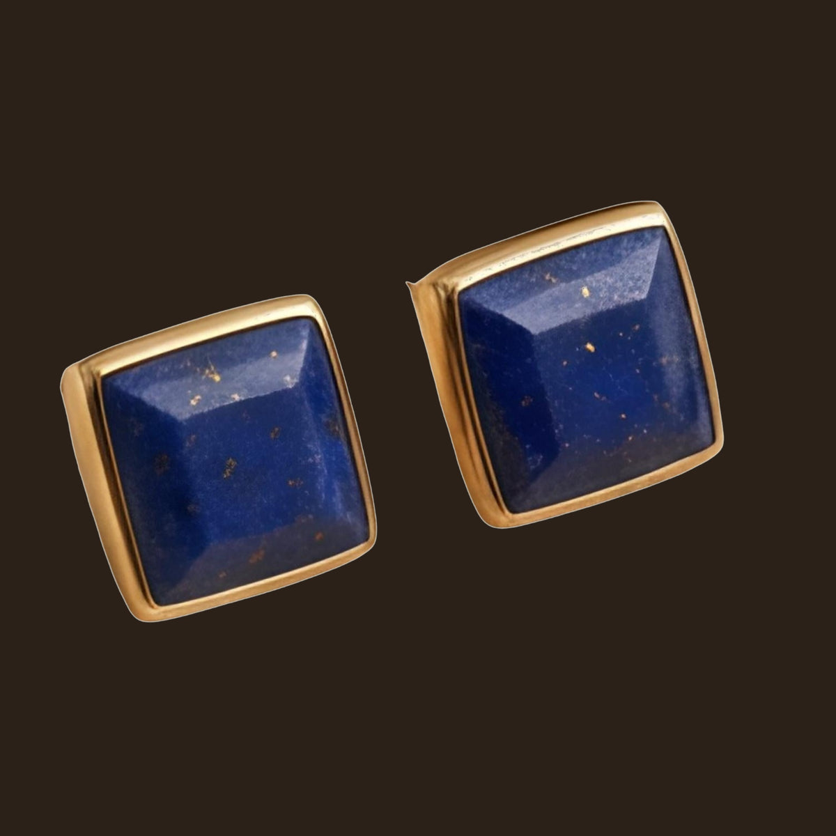 Lapis Lazuli Square Stud Earrings in Solid 14K Gold, shown on an espresso background