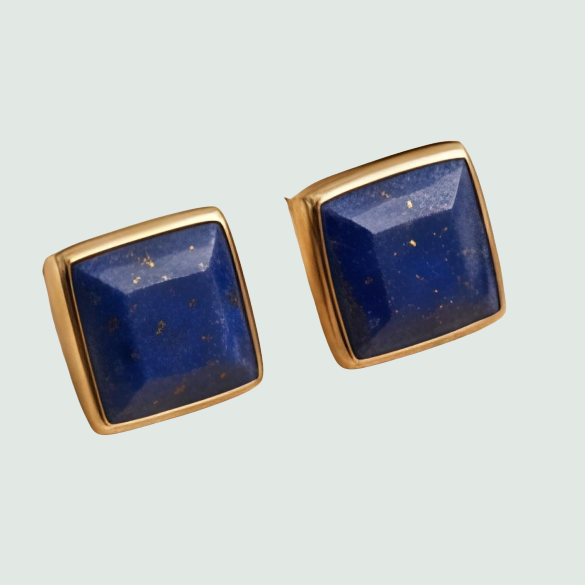 Lapis Lazuli Square Stud Earrings in Solid 14K Gold, shown on a sage mist background