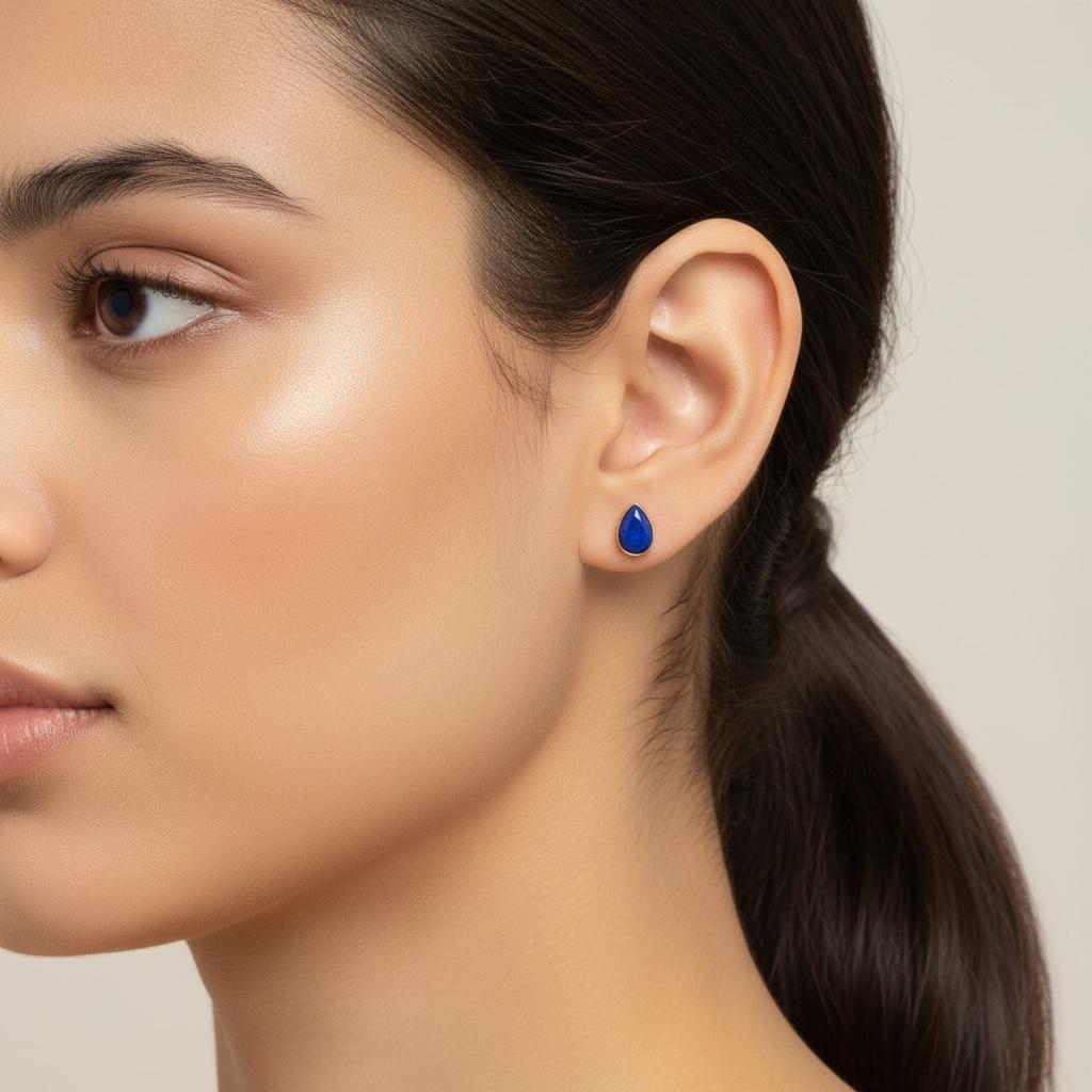 Lapis Lazuli Teardrop Stud Earrings, 24K Gold Bezel, clasp detail