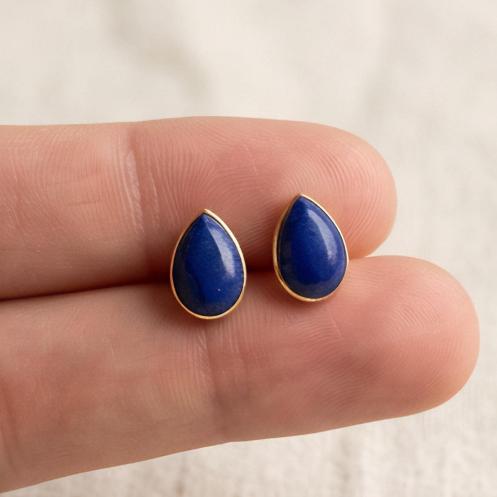 Lapis Lazuli Teardrop Stud Earrings, 24K Gold Bezel, on model